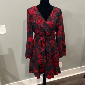 Long Sleeve V Neck Dress Floral Dress with Belt Charcoal Red XL